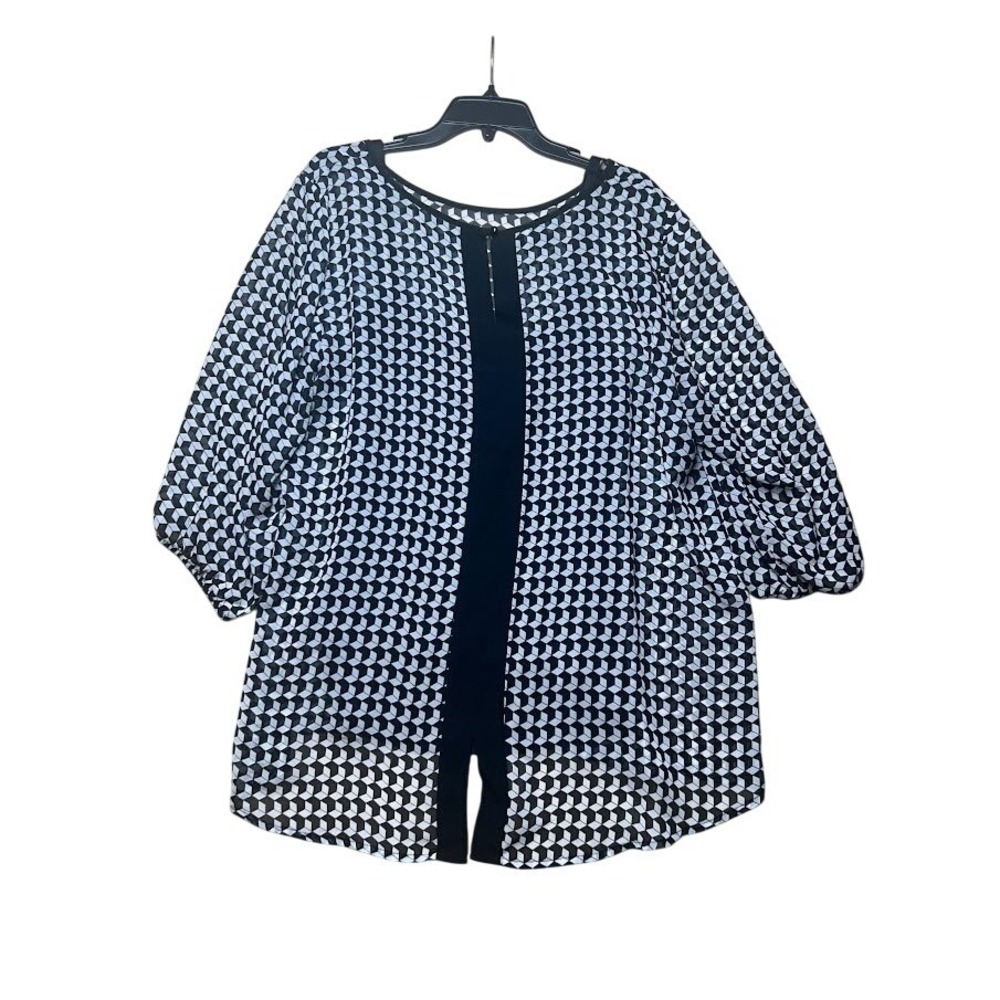 Womens 2X Black White Geometric 3D Cube Print Sheer Blouse‎ with Cami Liner